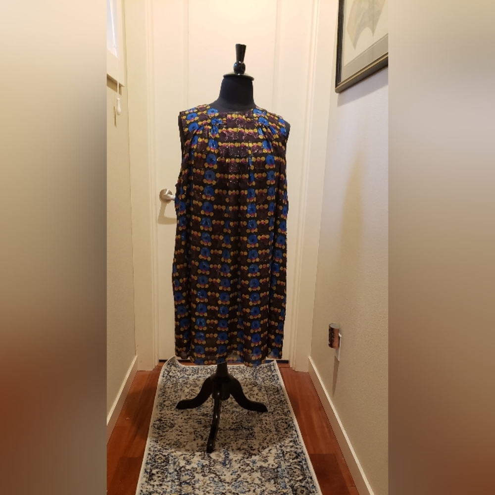 Anna Sui Sleeveless Blue and Maroon Metallic Midi Dress